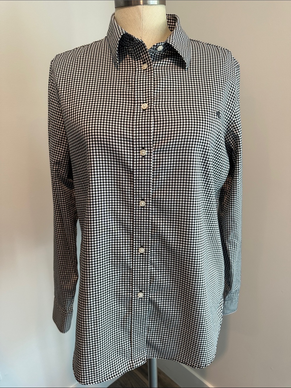 Lauren Ralph Lauren Mini Check Button Front Shirt Black & White SIZE LARGE EUC